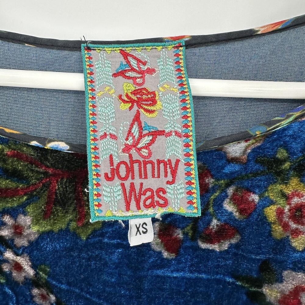 Johnny Was Women XS Blue Floral Velvet Boho Tunic Long Sleeve Luxe Romantic Top - Picture 4 of 8
